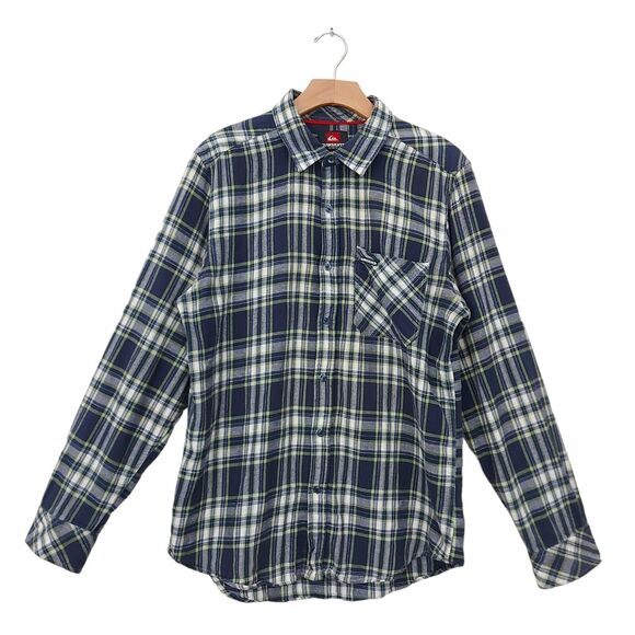Quiksilver Flannel Shirt Mens Medium Green Blue Plaid Button Up Preppy Cotton - Picture 1 of 12